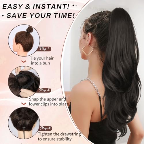 Ponytail Extension, Drawstring Ponytail Extension for Women 26 Inch Long Dark Brown Wavy Layered Pony Tails Hair Extensions Synthetic Clip in Ponytail Hairpiece for Women