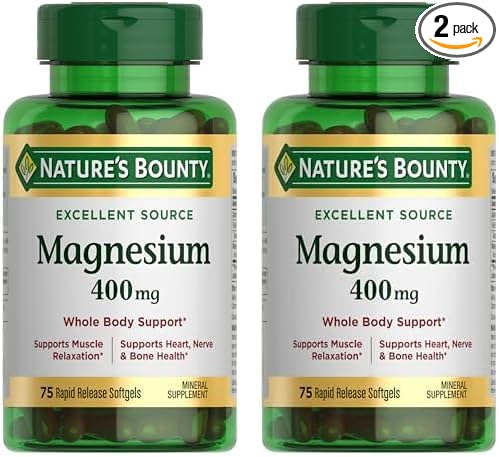 Nature's Bounty Magnesium, Whole Body Support, Supports Heart, Nerve and Bone Health. 400 mg, 75 Softgels (Pack of 2)