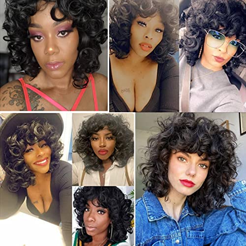 andromeda Curly Wigs for Black Women Soft Black Short Curly Wig with Bangs Afro Loose Curls Heat Resistant Synthetic Wig for African American Women (Black)