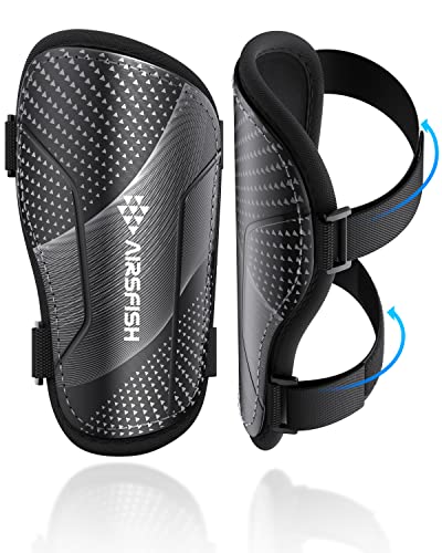 Upgraded Soccer Shin Guards Kids Youth, CE Certified AirsFish Shin Pads Protection Gear for 2-18 Years Old Boys Girls Teenagers EVA High Impact Resistant Breathable Comfortable 1 Pair White+Gold L