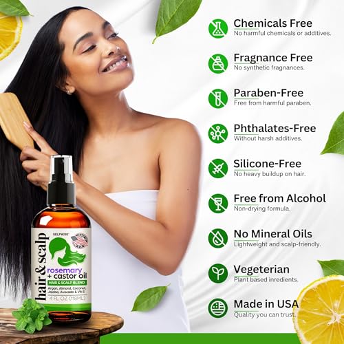 Organic Rosemary Oil For Hair Growth with Castor, Argan, Coconut, Almond, Jojoba, Avocado, Grapeseed, Vitamin E, Lavender & Peppermint for Hair & Scalp Treatment, All Hair Types, Men & Women 4oz