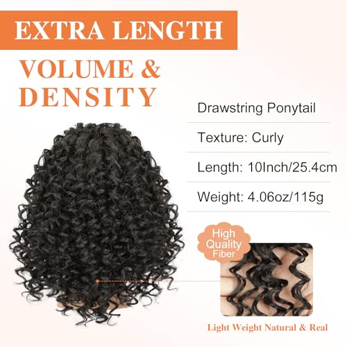 Lommel Ponytail Extension for Black Women,10 Inch Drawstring Ponytail for Black Women Curly Pony Tails Hair Extensions for Womens Afro Kinky Curly Hair Pieces for Daily Use(Brown Black)
