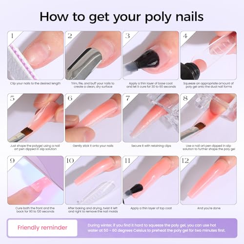 Poly Gel Nail Kit: Clear White Nude Pink Polygel Kit with Slip Solution Dual-Ended Nail Brush Nail Forms Nail Clips for Poly Gel Extension Starter DIY Set Home