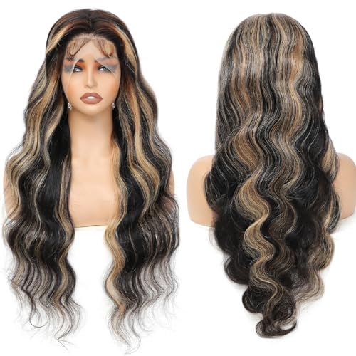 30 Inch 1B/27 13x6 Balayage Highlight Ombre Body Wave Lace Front Wigs Human Hair Honey Blonde Colored Lace Frontal Glueless Wigs Human Hair Pre Plucked for Women with Baby Hair