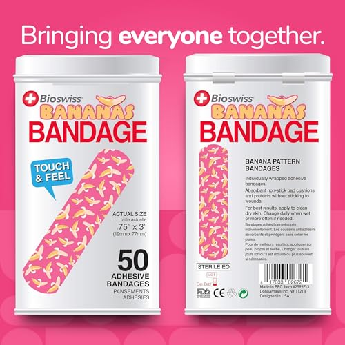 BioSwiss Bandages, Banana Print Self Adhesive Bandage, Latex Free Sterile Wound Care, Standard Shape for Kids and Adults, 50 Count
