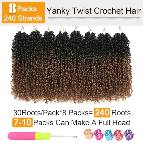 Aksice 8 Inch Yanky Twist Crochet Hair for Black Women 8 Packs Pre-looped Yankee Twist Hair Brown Spring Mini Passion Twist with Curly Ends Synthetic Crochet Braids (8 Inch, OT30#)