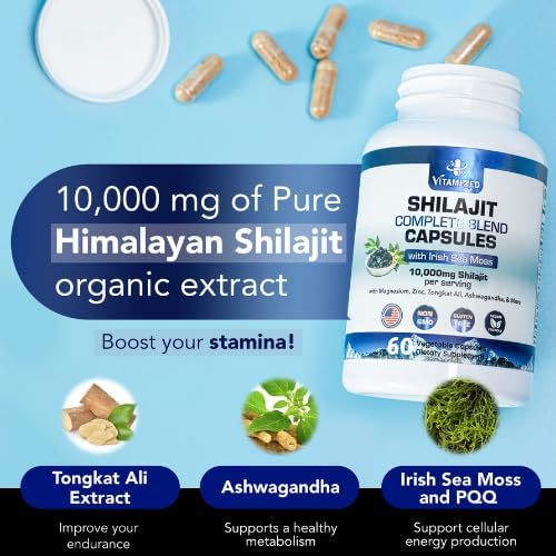 Pure Himalayan Shilajit for Men & Women - Boost Stamina, Athleticism, Support Metabolism & Energy | 10,000mg Shilajit Ashwagandha Supplements + Irish Sea Moss, Tongkat Ali, PQQ & More - 60 Capsules