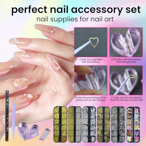 6 Boxs of Nail Charms Rhinestones Kit with 30 Sheets of Nail Art Gold Stickers Gold Sliver Nail Beads Pearls Gems with 1 Heart Nail Embossed Molds, 1 Tweezers and 1 Wax Pen for Nail Supplies