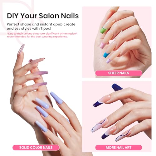 Beetles Tipex Instant Apex Nail Tips Kit, Coffin Long 224Pcs 16 Sizes Pre-Building & Pre-Etched Thicker Acrylic Nails False Nail Extension with Tipex Nail Glue Mini Nail Lamp