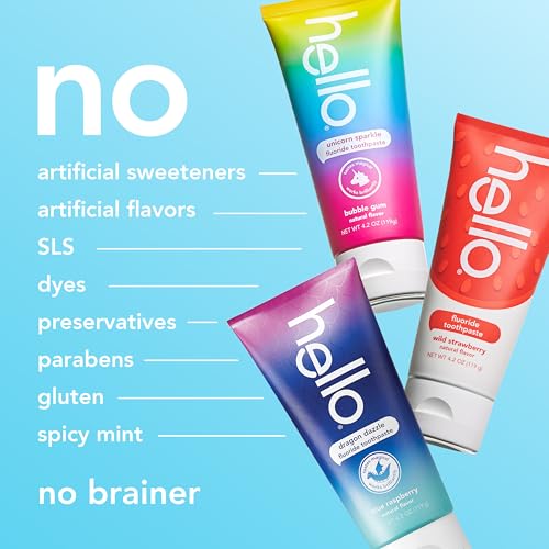 hello Kids Fluoride Toothpaste Variety Pack, Includes a Strawberry, Unicorn Bubble Gum, and Blue Raspberry Toothpaste, Safe for Ages 2 and Up, 3 Pack, 4.2 Oz Each