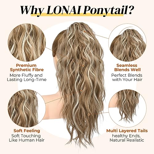 LONAI Ponytail Extension, 18" Wavy Claw Clip Ponytail Extensions Shoulder Length Curly Wavy Claw Clip in Pony tail Hair Extensions Pony tails Hairpieces-Dark Blonde with Blonde Highlights