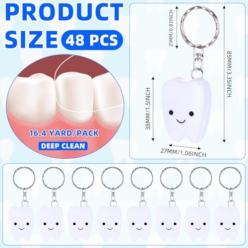 48 Pcs Mini Dental Floss Keychain Bulk Tooth Shaped Portable Teeth Floss Cleaning for Homeless Party Favors Travel Donated Gifts Teeth Cleaning Oral Care Mint Flavor 15 M /16. 4 Yard