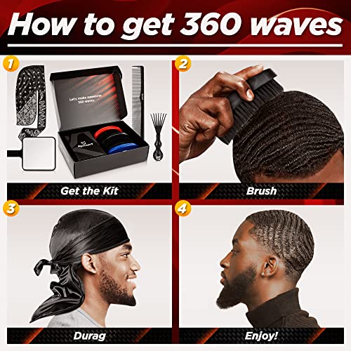 8-in-1 360 Wave Kit for Men - Grooming Kit for 360 Waves - 3 Wave Brushes, Soft, Medium & Hard - 2 Satin Durag, Hand Mirror, Comb, Hair Brush Cleaner - Gift Set, Black