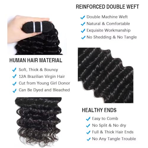 12A Deep Wave Human Hair Bundles 16 18 20 Inch Curly Bundles Human Hair 100% Unprocessed 3 Bundle Brazilian Virgin Human Hair Extensions Quick Weave Natural Black Color