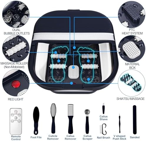 Collapsible Foot Bath Spa with Heat, Remote Control, Massage Rollers, Bubble, Foot Pedicure Kit, Red Light, Pedicure Foot Spa, Foot Bath for Gifts