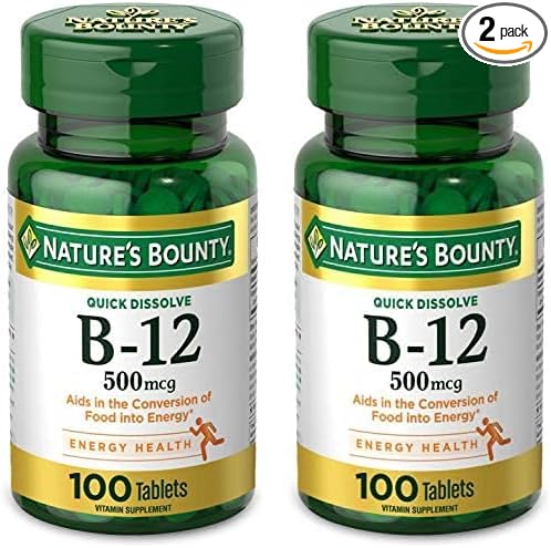 Nature's Bounty Vitamin B12, Supports Energy Metabolism and Nervous System Health, 500mcg, 100 Quick Dissolve Tablets (Pack of 2)
