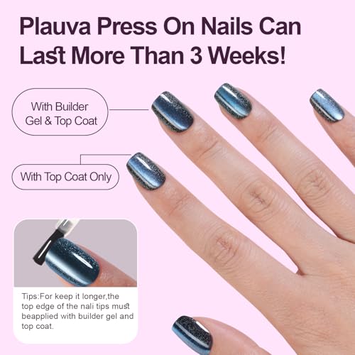 300Pcs Cat Eye Press on Nails Short Square, Plauva Soft Gel Fake Nails, Glossy Glitter Cat Eye Nail Tips for Women and Girls Stick On Nails in 15 Sizes