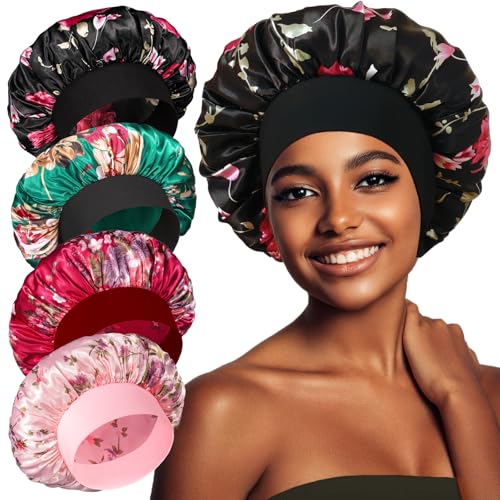 vidsel 4PCS Satin Bonnet, Bonnets for Women, Silk Hair Bonnet for Sleeping, Wide Band Sleep Cap for Curly Hair Braids
