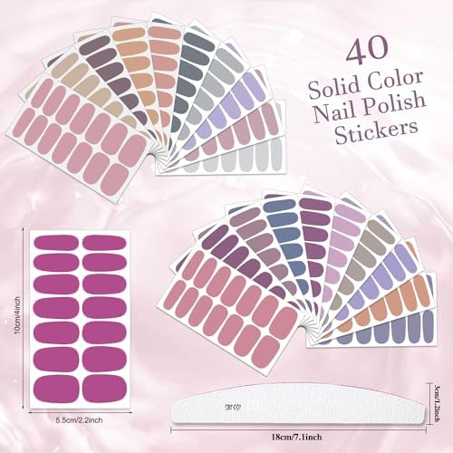 40 Sheets Elegant Solid Color Nail Polish Strips with Nail File Self-Adhesive Grey Purple Color Nail Strips Nail Stickers Full Nail Wraps for Women Nail Art