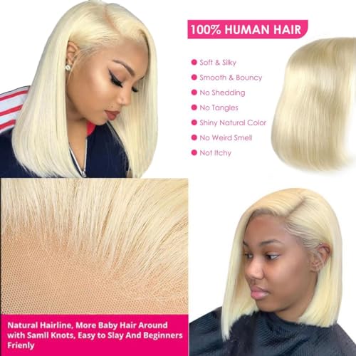 Blonde Bob Wig Human Hair Straight 613 Bob Wig Human Hair 12 Inch 180 Density 613 Blonde Suitable for All Hair Types 13x4 HD Transparent Lace Wigs for Women Glueless Wigs with Baby Hair