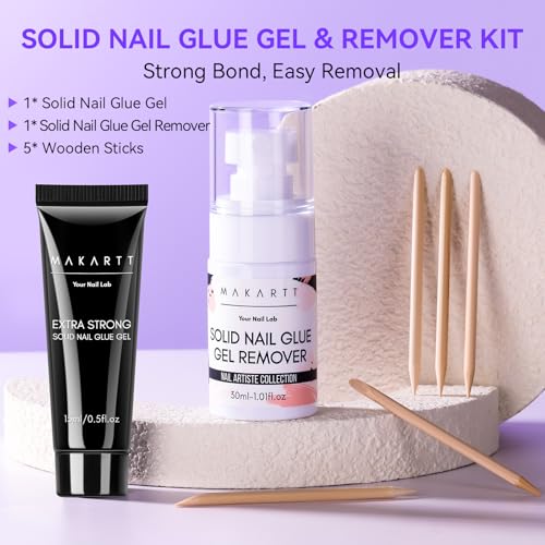 Makartt Nail Glue and Remover Kit: Super Strong Solid Gel for Press on Tips, 30ml Glues Remover for Easy Polish Removal, Nails Art Supplies for Salon and Home Use