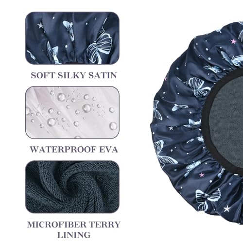 Blue Butterfly Print Satin Shower Cap, Three-Layer Terry Cloth Lined, with Silk Hair Ties, Microfiber Waterproof Reusable Large Size Shower Cap for Women Long Thick Hair