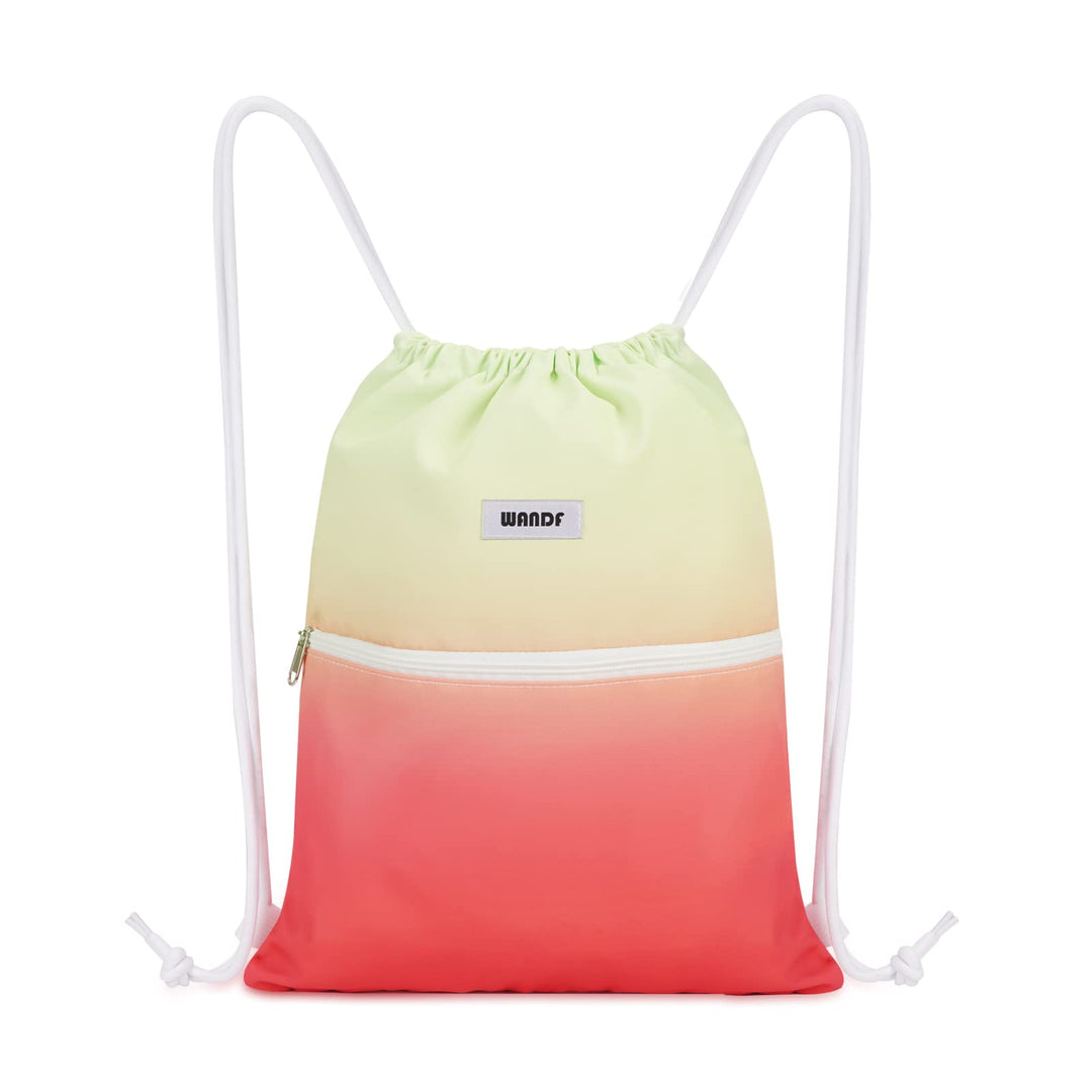 WANDF Drawstring Backpack String Bag Sackpack Cinch Water Resistant Nylon for Sport Yoga Gym Shopping (Red-Green Gradient)