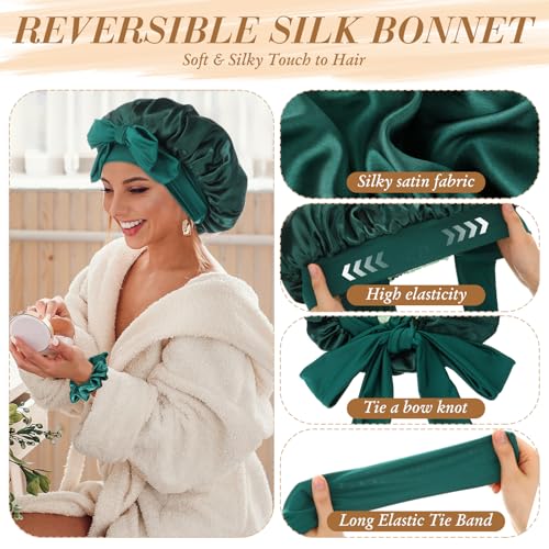 9 Pcs Satin Bonnet Set Include 3 Pcs Silk Bonnets for Sleeping and 6 Pcs Hair Scrunchies Satin Bonnet for Women Double Layer Hair Bonnets Silk Sleeping Cap Elastic Tie Band Cap(Dark)