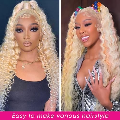 30 Inch Lace Front Wig Human Hair 613 13X6 Transparent Lace Deep Wave 180 Density Free Part Blonde Lace Front Wigs Human Hair Pre Plucked with Baby Hair 613 HD Lace Frontal Wig for Women