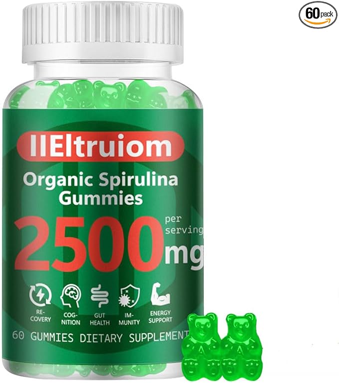 Spirulina Gummies, Organic Spirulina 2500mg Enhanced Daily Energy - Your Daily Super Greens with Sea Moss, Chlorophyll, GLA, Non-GMO, Gluten Free, 60 Vegan Gummies