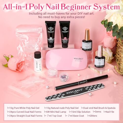Modelones Poly Nail Gel Kit Builder Extension Gel Nude White French Colors with Nail Lamp Slip Solution Rhinestone Manicure Complete Kit DIY Art Design Beginner Gift