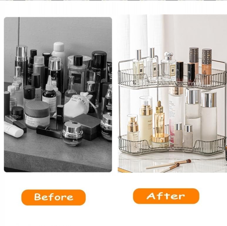 Corner Bathroom Vanity Organiser - Skincare Makeup Organiser Shelf, 2 Tier Grey Counter Shelf for Cosmetics, Toiletries, Lotions, Perfumes