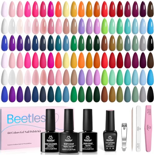 Beetles Gel Nail Polish Set - 69PCS 60 Colors Gel Polish Kit Base Coat Glossy & Matte Top Coat Soak off Emotional Spectrum Collection Red Black Nude White Neon All Seasons Gifts for Women