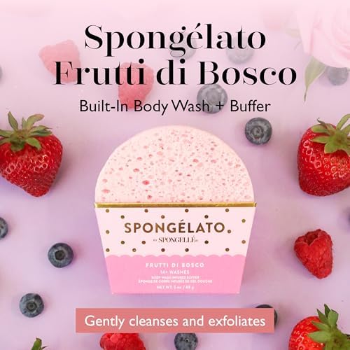 Spongelato Loofah Exfoliating Body Scrubber by Spongelle | Infused with Body Wash | Bath & Shower Loofah for Women | 14+ uses | Frutti di Bosco (Mixed Berries) Gelato Inspired