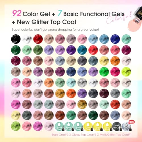 ROSALIND 100PCS Gel Nail Polish Set, 92 PCS Colors Gel Polish Set with 8 Bottles of Base and Glossy Matte Top Coat Starter Nail Set Suitable for All Seasons Gift for Women