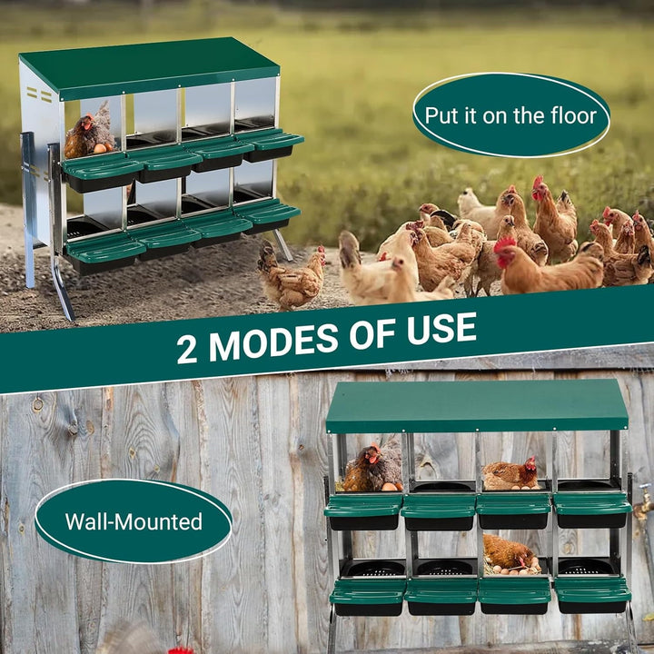 Pinypikaka Chicken Nesting Box with Bracket Legs, 8 Compartments Nesting Boxes for Chickens, Chicken Laying Boxes, Roll Away Nesting Box for Chickens Laying Egg with Lid Cover