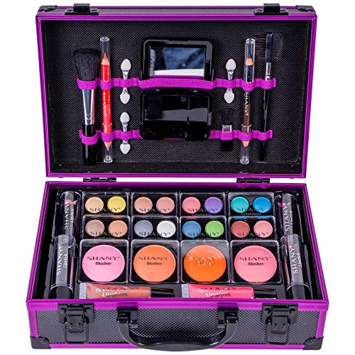 SHANY Carry All Make up Train Case with Pro Makeup Set, Beauty Brushes, Lipsticks, Eye Shadows, Blushes, Powders, and more - Reusable Cosmetics Storage Organizer - Premium Gift Packaging - Purple