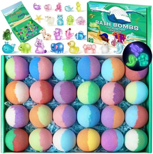 Bath Bombs for Kids with Toys Inside - 24 Pack Kids Bath Bombs with Glow in The Dark Bath Surprise Toys Inside, Natural Organic Bubble Bath Fizzy for Girls Boys, Birthday Gifts for Kid