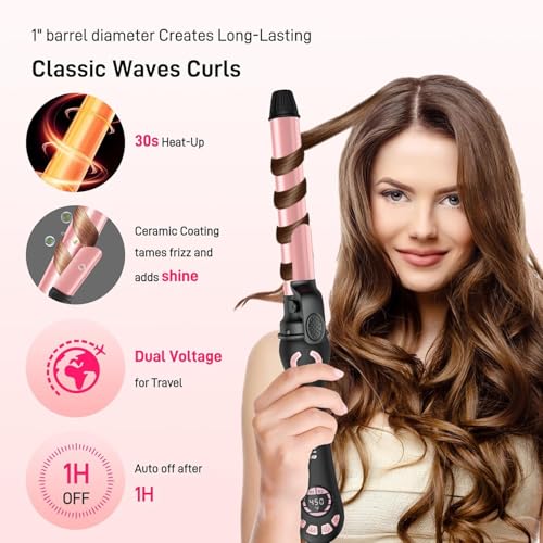 Rotating Curling Iron - 1 Inch Automatic Curling Iron for Fast Long-Lasting Curler Waves, Dual Voltage Automatic Hair Curler with Adjustable Temp and LCD Display for Effortless Beach Waves, Rose Gold