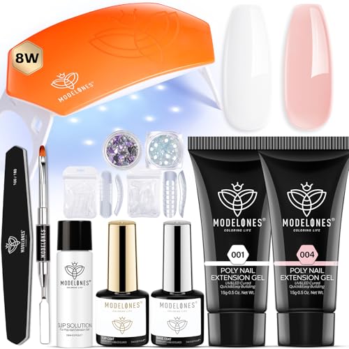 Modelones Poly Nail Gel Kit Builder Extension Gel Nude White French Colors with Nail Lamp Slip Solution Rhinestone Manicure Complete Kit DIY Art Design Beginner Gift
