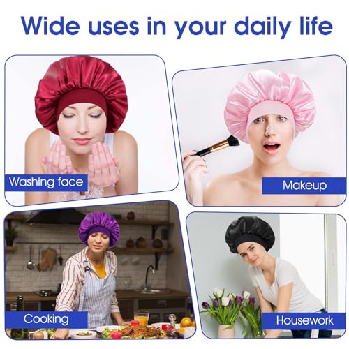 18 Pcs Satin Bonnets for Sleeping, Large Silk Bonnet Wide Band Hair Bonnet Soft Elastic Hair Wrap Cap Silky Shower Cap for Black Women Men Curly Hair