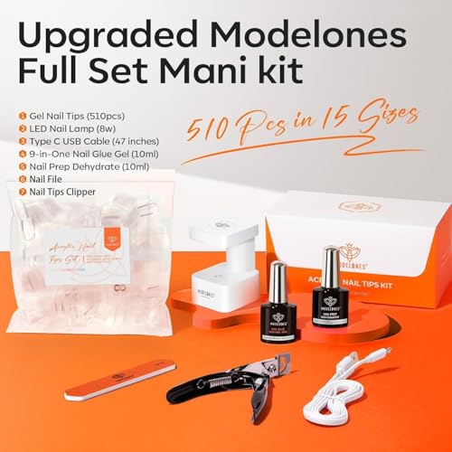 modelones Gel Nail Kit Almond, Upgrade 15Sizes Fake Nails, 9-in-One Glue Dehydrator & Mini U V Light Clipper, 510Pcs Medium Almond Press on Tips for Extension DIY Salon Home Gift