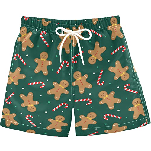 visesunny Summer Boy's Beach Shorts Quick Dry Soft Drawsting Swim Trunks Christmas Pattern Gingerbread Man Candy Baby Boy Bathing Suit with Pockets