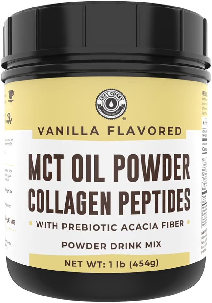Keto MCT Oil Powder + Collagen + Prebiotic Acacia Fiber, Vanilla Flavor, 16oz. MCT Oil Powder from Coconuts. Grass Fed Collagen, Perfect for Keto, 0 Net Carb, Stevia, Erythritol, Powdered Drink