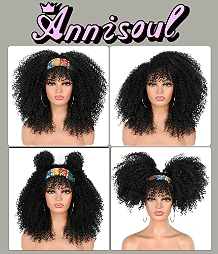 ANNISOUL 16Inch Curly Wigs for Black Women Black Afro Bomb Curly Wig with Bangs Synthetic Fiber Glueless Long Kinky Curly Hair