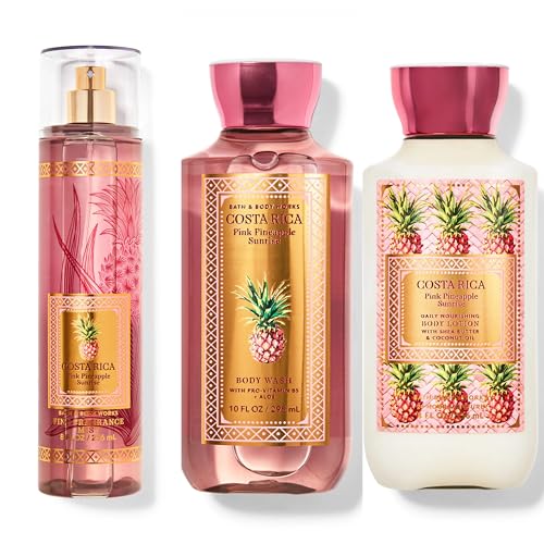 PINK PINEAPPLE SUNRISE COSTA RICA 3 pcs bundle gift set fine fragrance mist 8 fl oz daily nourishing body loiton 8 fl oz body wash 10 fl oz from bath and body (Packaging Varies)