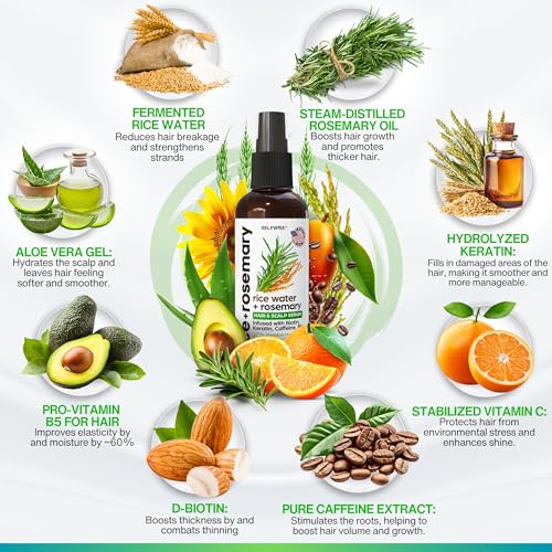 NEW Fermented Rice Water Hair Growth Spray with Rosemary, Biotin, Keratin, Caffeine, Vitamins C & B5 - For Thinning Hair, Hairfall, Thicker, Longer, Softer Hair - All Hair Types - Men & Women