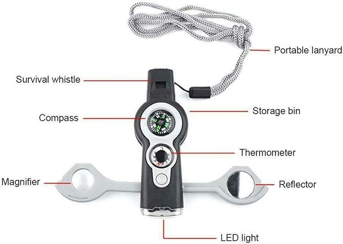 7 in 1 Multi-Function Compass, Outdoor Survival Safety Whistle Compass Thermometer LED Mirror Magnifying Glass Multitool for Camping, Hiking, Hunting, Fishing and Adventure