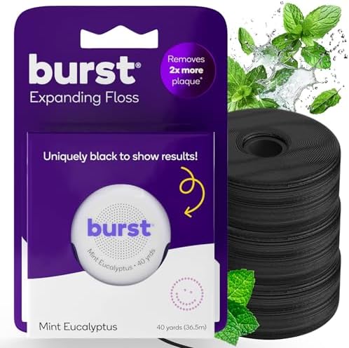 BURST Expanding Dental Floss Kit (Mint Eucalyptus/120 Yards/Starter Kit + 3 Refills) | Stain Absorbing & Woven with Xylitol Coating to Fight Cavities | Vegan | Paraben Free