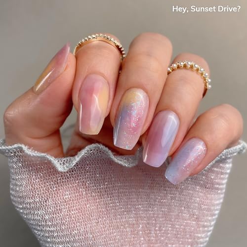 Semi Cured Gel Nail Strips | No LED Lamp Needed | Marble, Pink, Spring | Easy Apply & Remove, Salon Quality | Includes 28 Strips, 1 Prep Pads, Nail File & Wooden Stick - Hey, Sunset Drive?